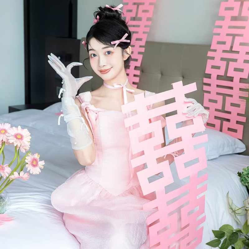 Menyasszonyi fotózáshoz – hosszú sáv dupla boldogság szimbólummal, filc anyagú, Xiyouji márka, kategória Boldog szó, nem importált