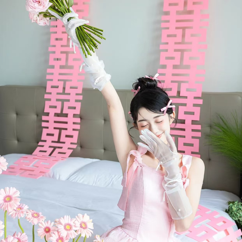 Menyasszonyi fotózáshoz – hosszú sáv dupla boldogság szimbólummal, filc anyagú, Xiyouji márka, kategória Boldog szó, nem importált