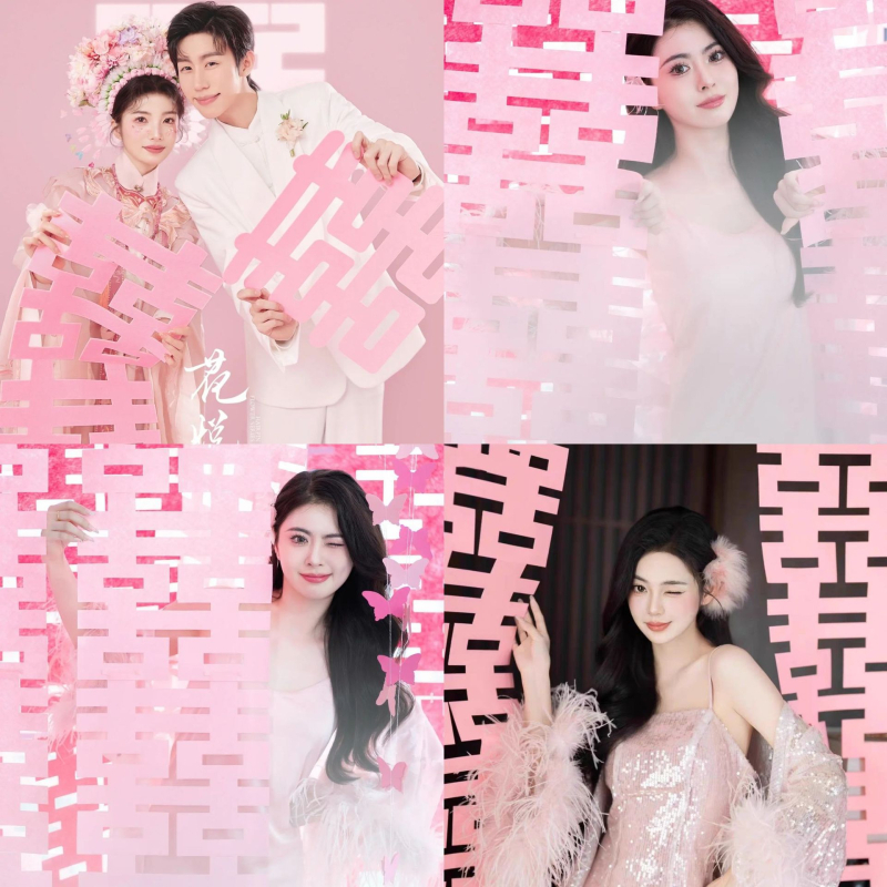 Menyasszonyi fotózáshoz – hosszú sáv dupla boldogság szimbólummal, filc anyagú, Xiyouji márka, kategória Boldog szó, nem importált