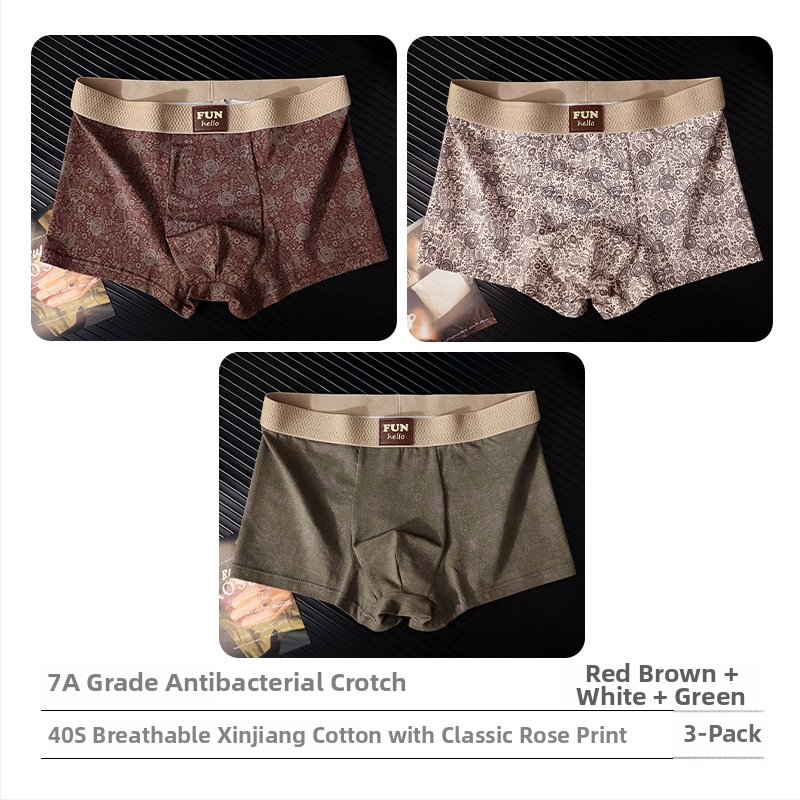 Boxeri bărbați din bumbac cu imprimeu vintage cu trandafiri – respirabili, uscare rapidă, talie medie, 95–100% bumbac