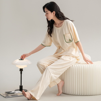 Set pijamale din bumbac pentru femei, top cu guler rotund, mâneci 3/4, pantaloni, stil drăguț, vară 2025