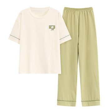 Set pijamale din bumbac pentru femei, top cu guler rotund, mâneci 3/4, pantaloni, stil drăguț, vară 2025