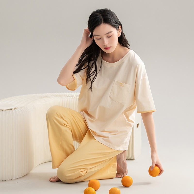 Set pijamale din bumbac pentru femei, top cu guler rotund, mâneci 3/4, pantaloni, stil drăguț, vară 2025