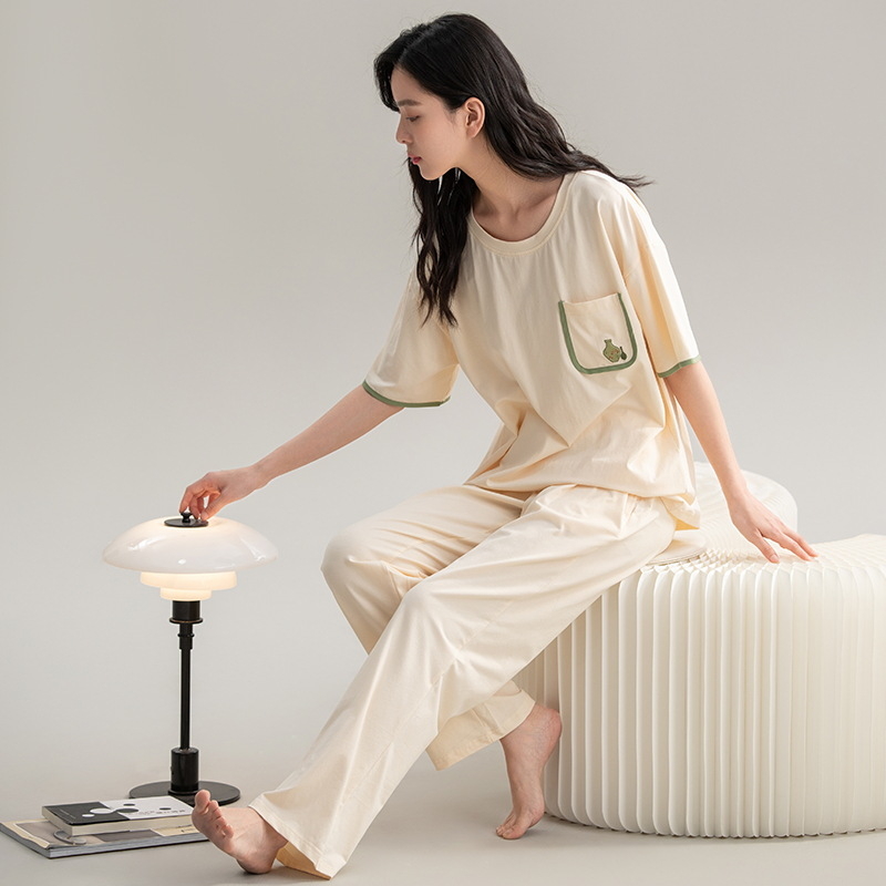 Set pijamale din bumbac pentru femei, top cu guler rotund, mâneci 3/4, pantaloni, stil drăguț, vară 2025