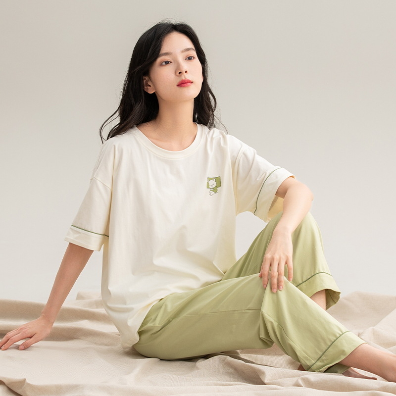 Set pijamale din bumbac pentru femei, top cu guler rotund, mâneci 3/4, pantaloni, stil drăguț, vară 2025