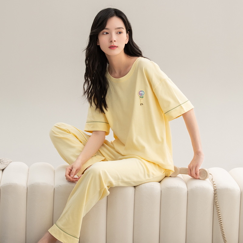 Set pijamale din bumbac pentru femei, top cu guler rotund, mâneci 3/4, pantaloni, stil drăguț, vară 2025