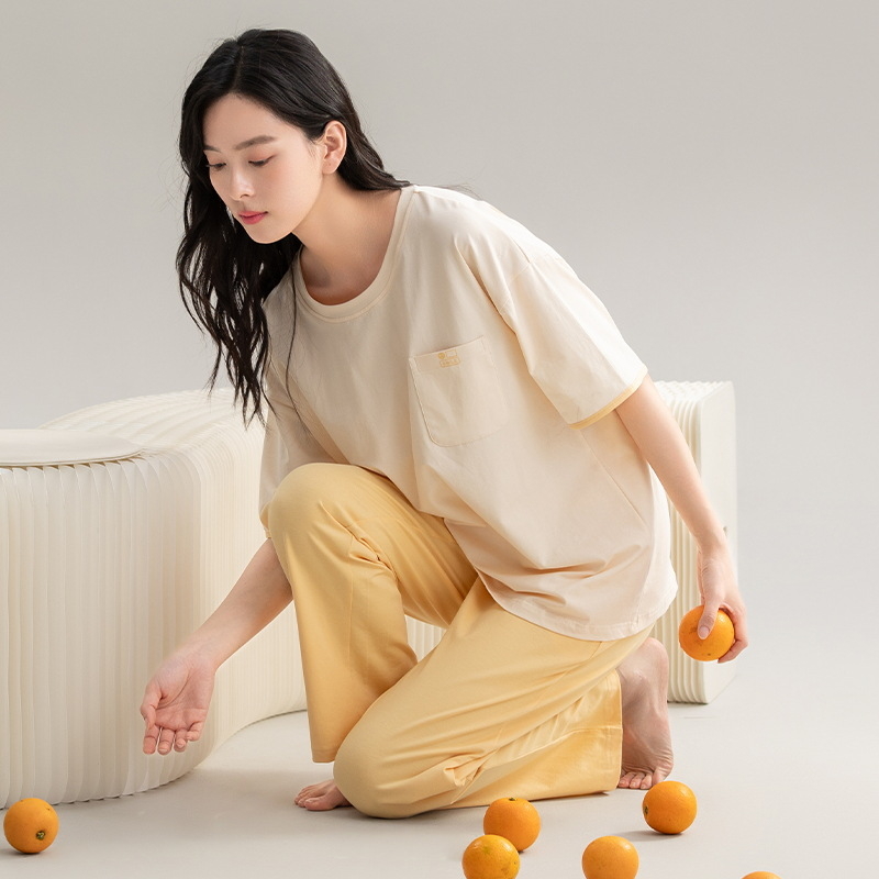 Set pijamale din bumbac pentru femei, top cu guler rotund, mâneci 3/4, pantaloni, stil drăguț, vară 2025