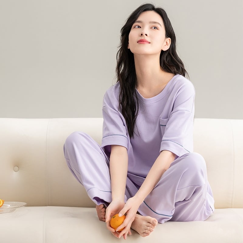 Set pijamale din bumbac pentru femei, top cu guler rotund, mâneci 3/4, pantaloni, stil drăguț, vară 2025