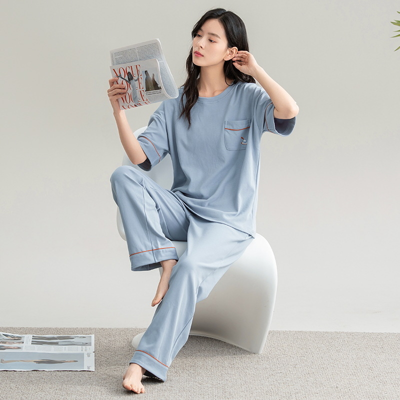 Set pijamale din bumbac pentru femei, top cu guler rotund, mâneci 3/4, pantaloni, stil drăguț, vară 2025