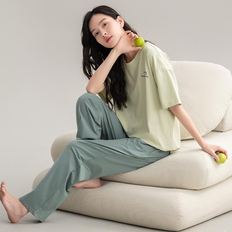 Set pijamale din bumbac pentru femei, top cu guler rotund, mâneci 3/4, pantaloni, stil drăguț, vară 2025