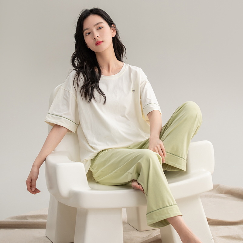 Set pijamale din bumbac pentru femei, top cu guler rotund, mâneci 3/4, pantaloni, stil drăguț, vară 2025