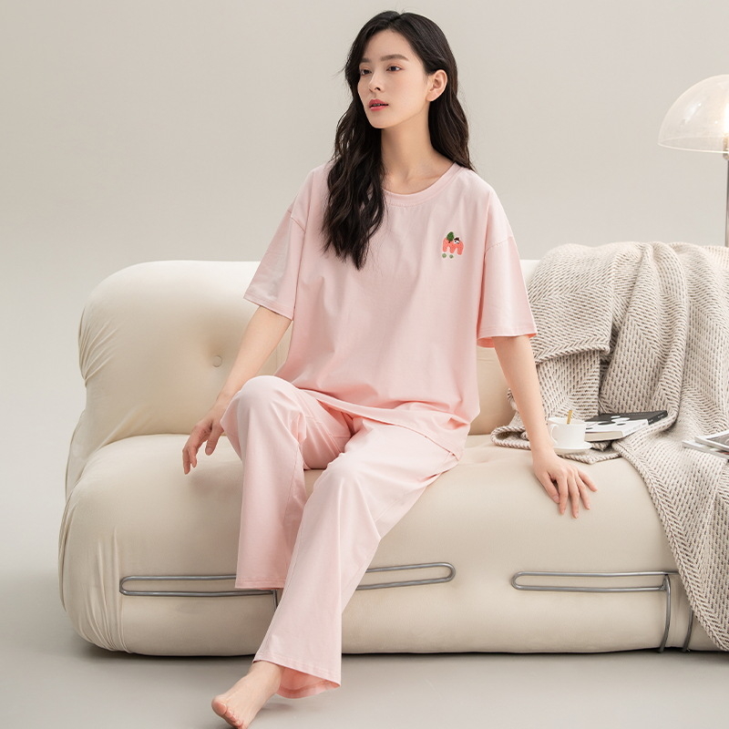 Set pijamale din bumbac pentru femei, top cu guler rotund, mâneci 3/4, pantaloni, stil drăguț, vară 2025