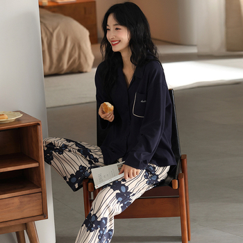 Set pijamale din bumbac 100% cu cardigan și pantaloni, mâneci lungi, senzație premium, țesătură groasă 201–250 g/m²