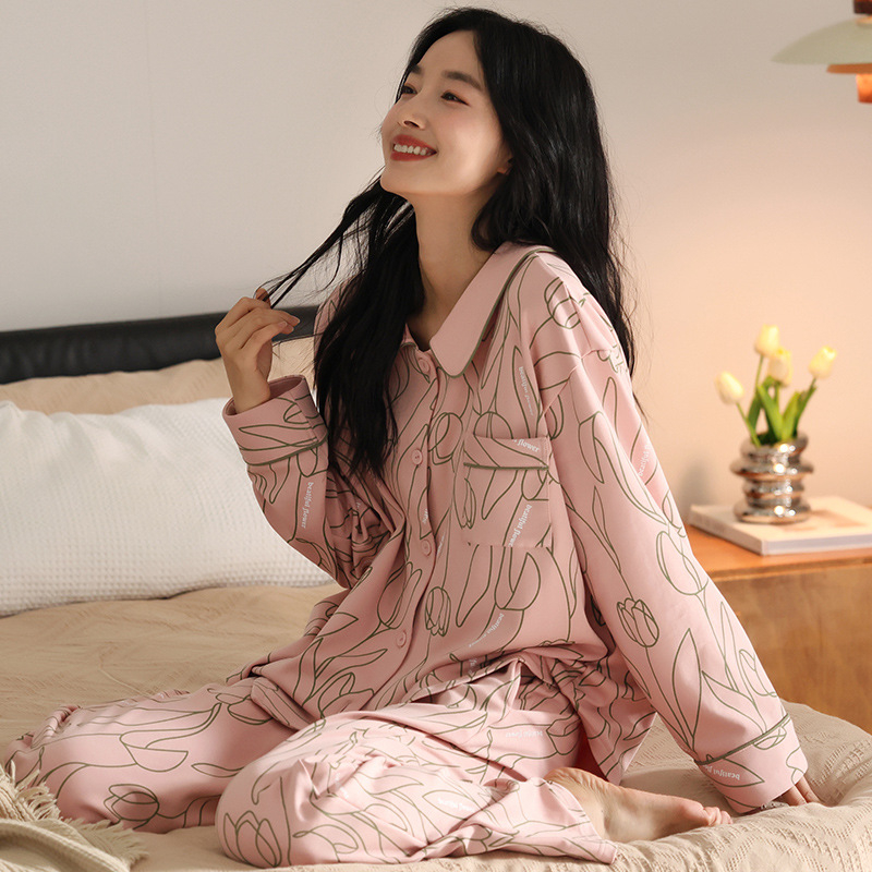 Set pijamale din bumbac 100% cu cardigan și pantaloni, mâneci lungi, senzație premium, țesătură groasă 201–250 g/m²