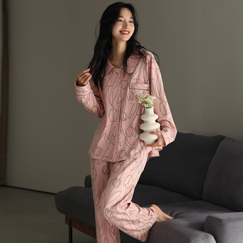 Set pijamale din bumbac 100% cu cardigan și pantaloni, mâneci lungi, senzație premium, țesătură groasă 201–250 g/m²