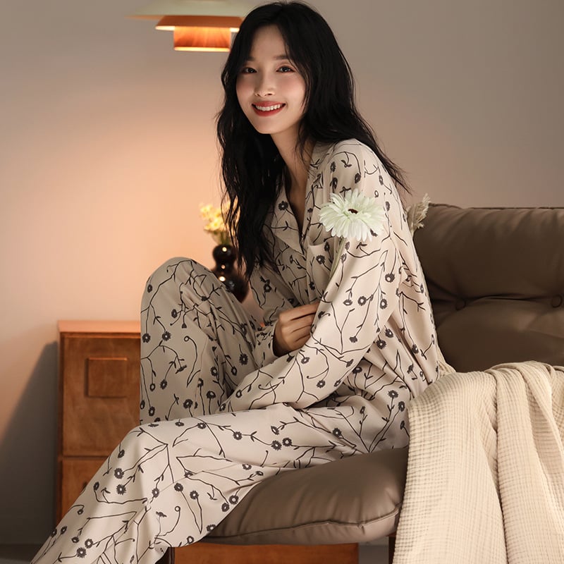 Set pijamale din bumbac 100% cu cardigan și pantaloni, mâneci lungi, senzație premium, țesătură groasă 201–250 g/m²