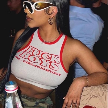 Top tricotat fără mâneci, imprimat cu litere, lungime scurtă, poliester, croială Slim