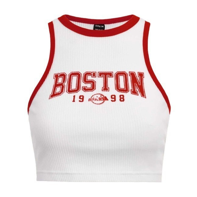 Top tricotat fără mâneci, imprimat cu litere, lungime scurtă, poliester, croială Slim