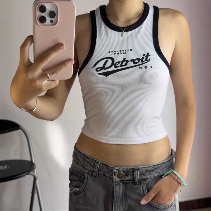 Top tricotat fără mâneci, imprimat cu litere, lungime scurtă, poliester, croială Slim