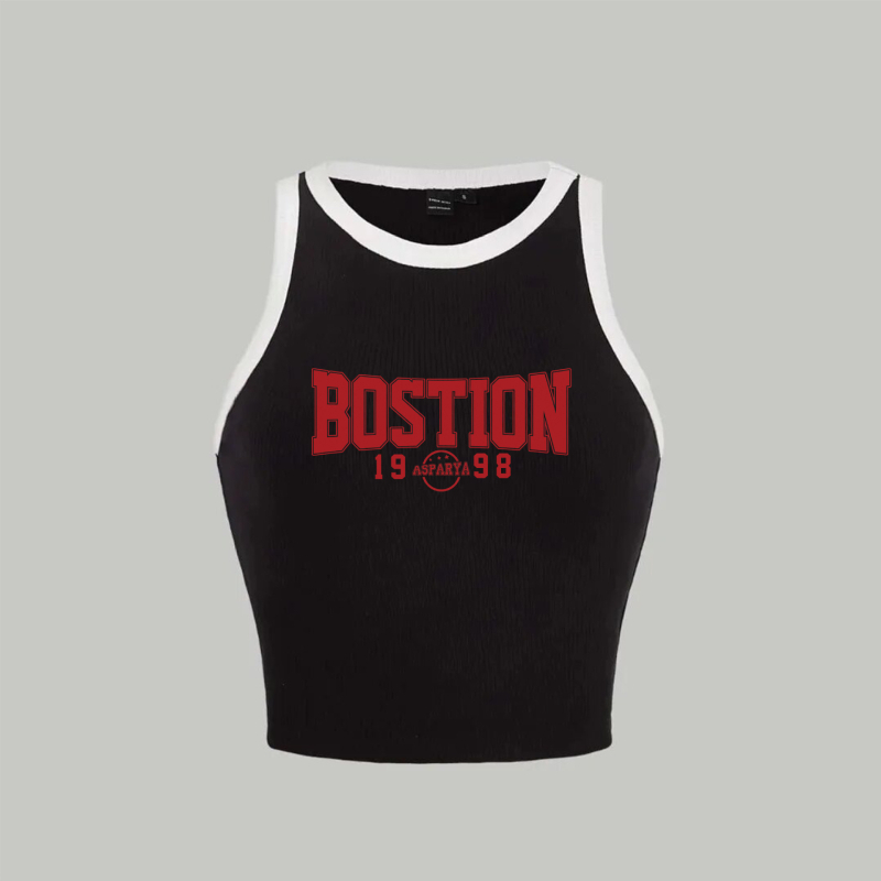 Top tricotat fără mâneci, imprimat cu litere, lungime scurtă, poliester, croială Slim