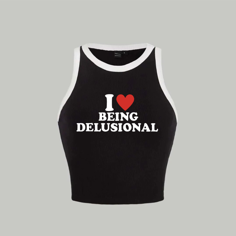 Top tricotat fără mâneci, imprimat cu litere, lungime scurtă, poliester, croială Slim