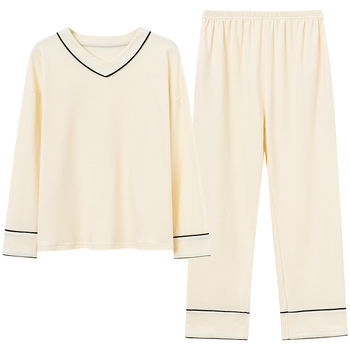 Ženski pidžama set od pamuka s vafl teksturom, dugi rukavi, okrugli izrez, udoban kućni loungewear za zimu, proljeće i jesen; pogodan i za nošenje na otvorenom. Model 0079.