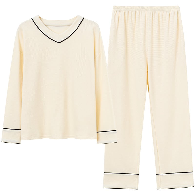 Ženski pidžama set od pamuka s vafl teksturom, dugi rukavi, okrugli izrez, udoban kućni loungewear za zimu, proljeće i jesen; pogodan i za nošenje na otvorenom. Model 0079.