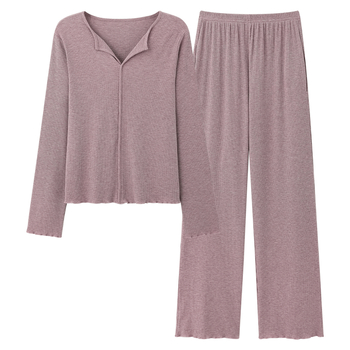 Set de pijama din amestec modal de bumbac, cu mâneci lungi și pantaloni lungi, țesătură ușoară, 161–180 g/m², compoziție: viscose 28,5%, poliester 66,5%, spandex 5%, pentru primăvară și toamnă, confort acasă