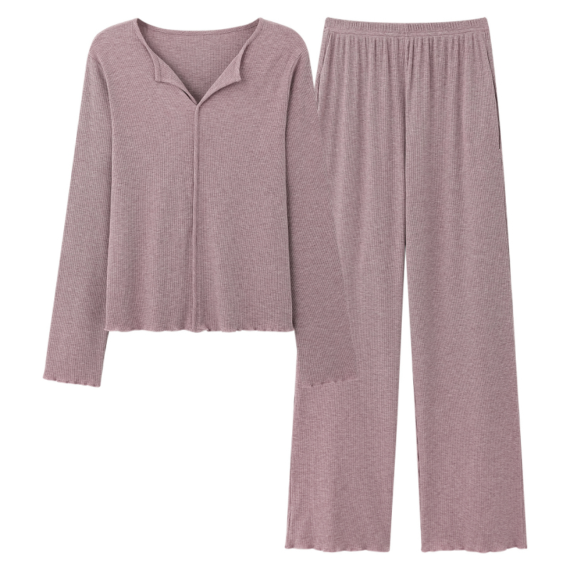 Set de pijama din amestec modal de bumbac, cu mâneci lungi și pantaloni lungi, țesătură ușoară, 161–180 g/m², compoziție: viscose 28,5%, poliester 66,5%, spandex 5%, pentru primăvară și toamnă, confort acasă