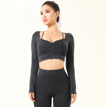 Set de yoga fără cusături pentru femei — Top scurt cu mânecă tip pulover + Pantaloni de yoga talie înaltă pentru ridicare fesieri, amestec nylon/spandex 90/10, include inserții pentru sân