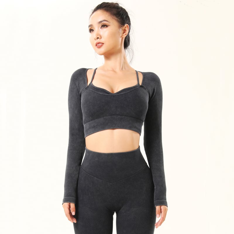 Set de yoga fără cusături pentru femei — Top scurt cu mânecă tip pulover + Pantaloni de yoga talie înaltă pentru ridicare fesieri, amestec nylon/spandex 90/10, include inserții pentru sân