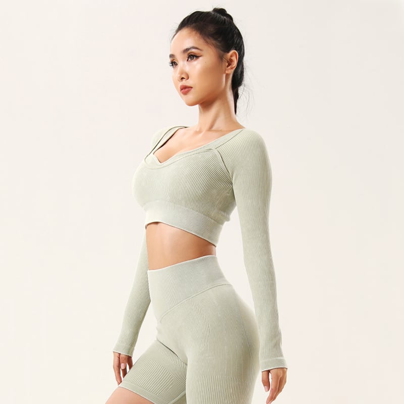 Set de yoga fără cusături pentru femei — Top scurt cu mânecă tip pulover + Pantaloni de yoga talie înaltă pentru ridicare fesieri, amestec nylon/spandex 90/10, include inserții pentru sân