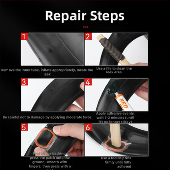 Kalnu velosipēdu riepu remonta komplekts bez līmes — plāksteri un instrumenti plastmasas kastē