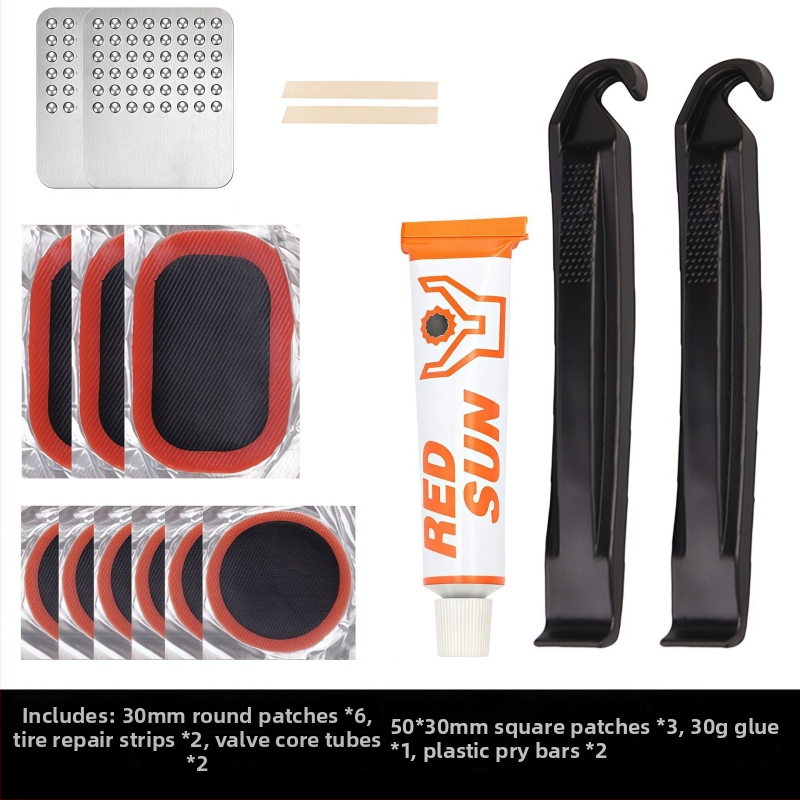 Kalnu velosipēdu riepu remonta komplekts bez līmes — plāksteri un instrumenti plastmasas kastē