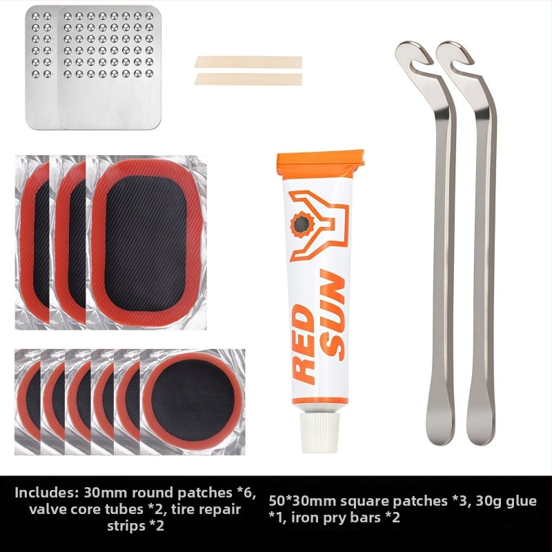 Kalnu velosipēdu riepu remonta komplekts bez līmes — plāksteri un instrumenti plastmasas kastē