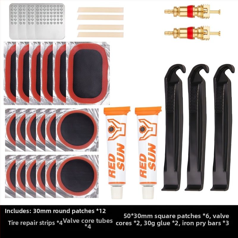 Kalnu velosipēdu riepu remonta komplekts bez līmes — plāksteri un instrumenti plastmasas kastē