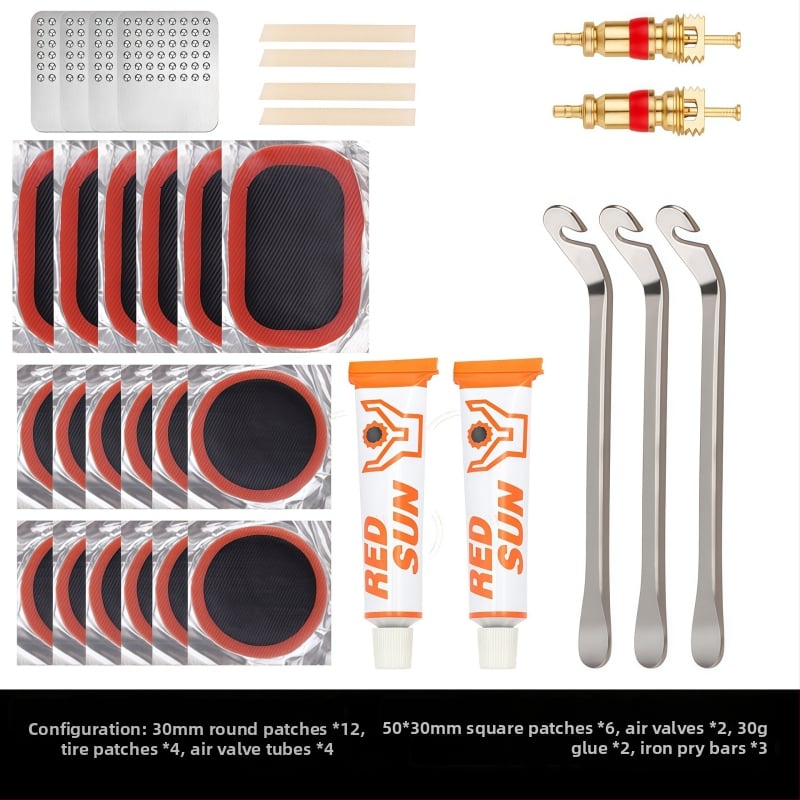 Kalnu velosipēdu riepu remonta komplekts bez līmes — plāksteri un instrumenti plastmasas kastē