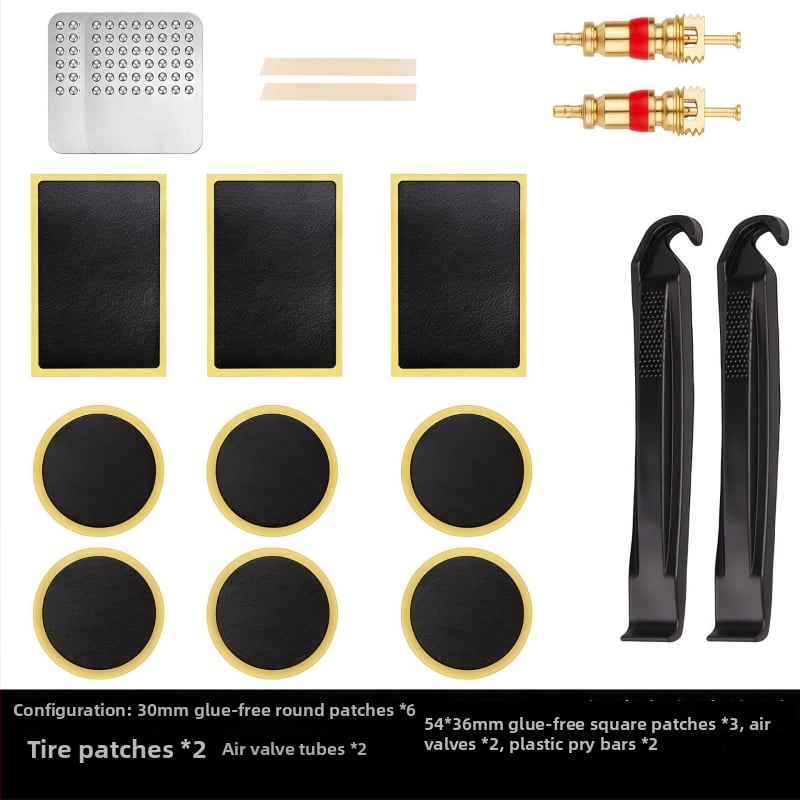 Kalnu velosipēdu riepu remonta komplekts bez līmes — plāksteri un instrumenti plastmasas kastē