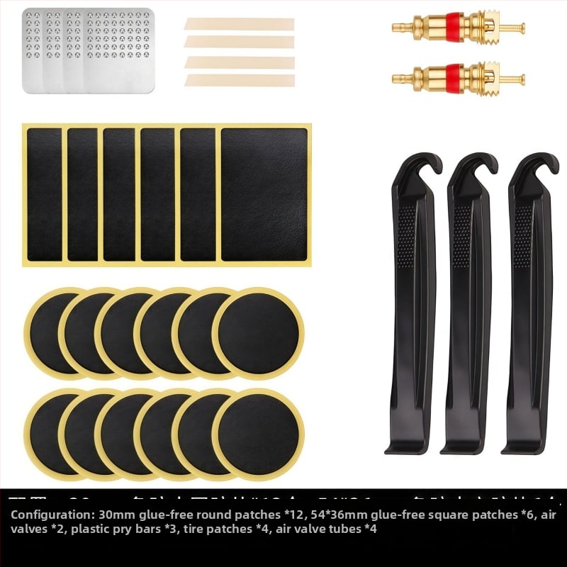 Kalnu velosipēdu riepu remonta komplekts bez līmes — plāksteri un instrumenti plastmasas kastē