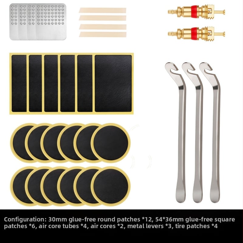 Kalnu velosipēdu riepu remonta komplekts bez līmes — plāksteri un instrumenti plastmasas kastē