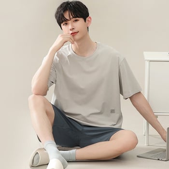 Modal vyrų pižamų komplektas vasarai: apvalia kaklo palaidinė, 3/4 rankovės, šortai, plonas kvėpuojantis audinys iš viskozės