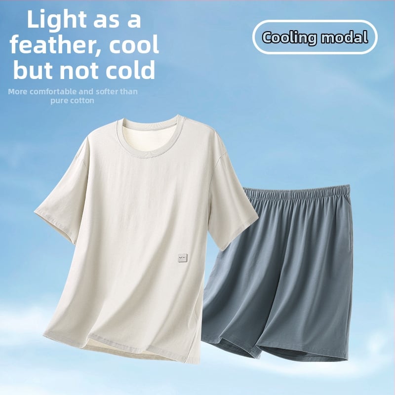 Modal vyrų pižamų komplektas vasarai: apvalia kaklo palaidinė, 3/4 rankovės, šortai, plonas kvėpuojantis audinys iš viskozės
