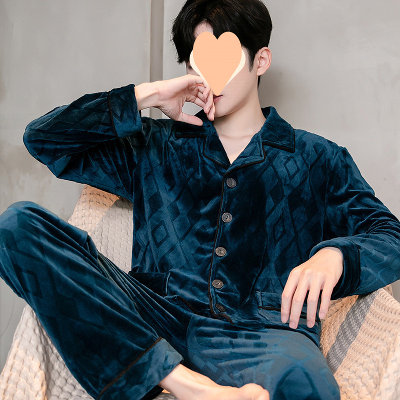 Vyrų dviejų dalių pižama komplektas iš Half-Side Fleece, Extra Thick 301-350 g/m², ilgomis rankovėmis, ilgomis kelnėmis, žiema