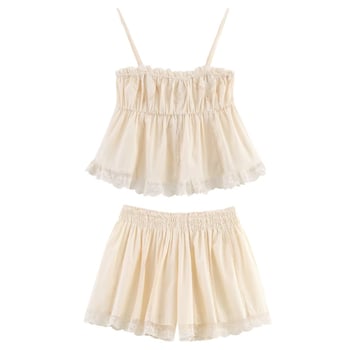 PB&ZA Женски костюм с бродерия, презрамки и шорти, без ръкави, 3/4 дължина панталон, памук-полиестер, лято 2025