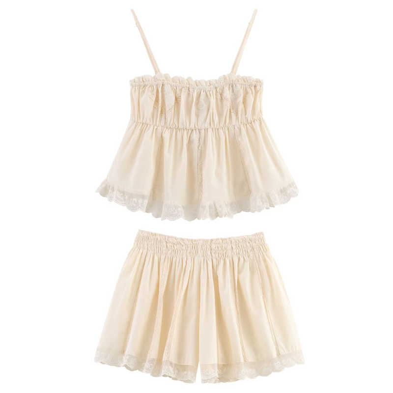 PB&ZA Женски костюм с бродерия, презрамки и шорти, без ръкави, 3/4 дължина панталон, памук-полиестер, лято 2025