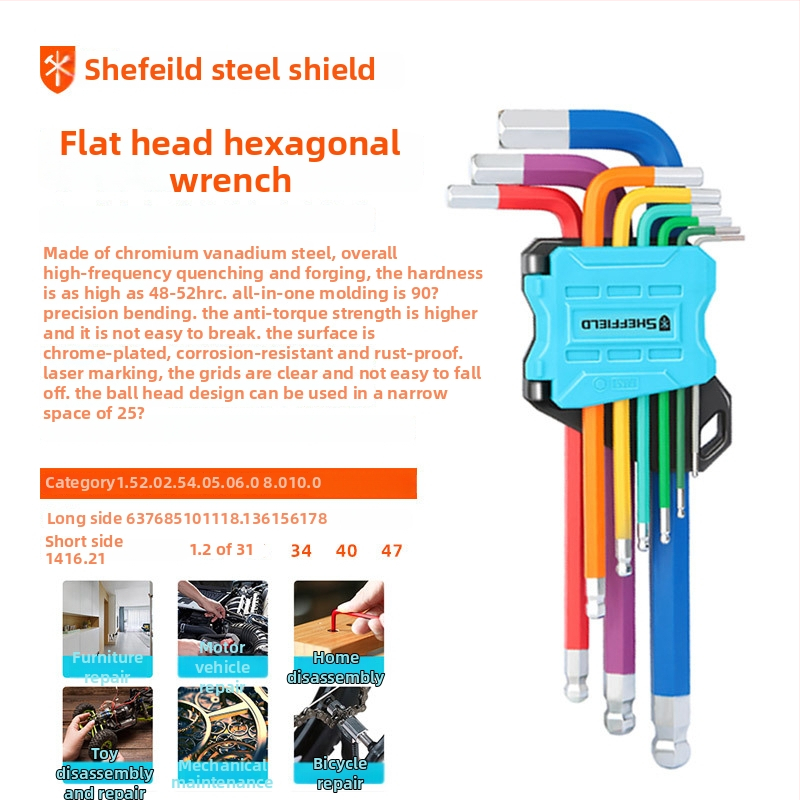 Steel Shield Sada imbusových kľúčov, z chróm-vanádiovej ocele, vysoká tvrdosť, predĺžený dosah, vnútorný šesťuholník