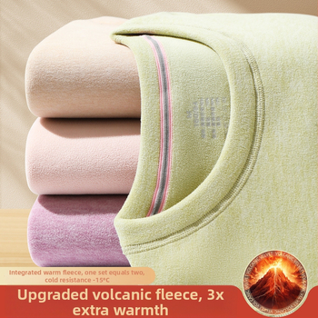 Set termic feminin din catifea vulcanică — căptușit cu fleece, ultradens, bluza cu guler rotund și mâneci lungi + pantaloni, 90–95% poliester