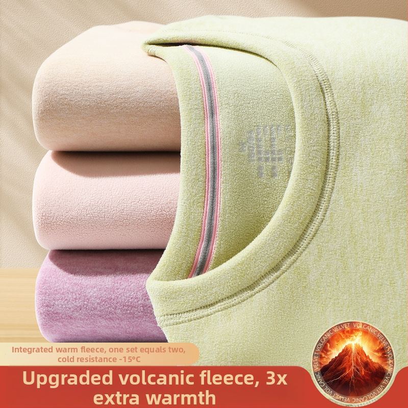 Set termic feminin din catifea vulcanică — căptușit cu fleece, ultradens, bluza cu guler rotund și mâneci lungi + pantaloni, 90–95% poliester