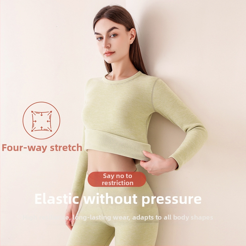 Set termic feminin din catifea vulcanică — căptușit cu fleece, ultradens, bluza cu guler rotund și mâneci lungi + pantaloni, 90–95% poliester