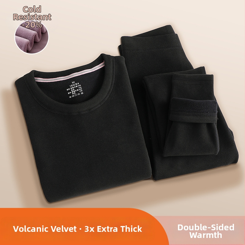 Set termic feminin din catifea vulcanică — căptușit cu fleece, ultradens, bluza cu guler rotund și mâneci lungi + pantaloni, 90–95% poliester